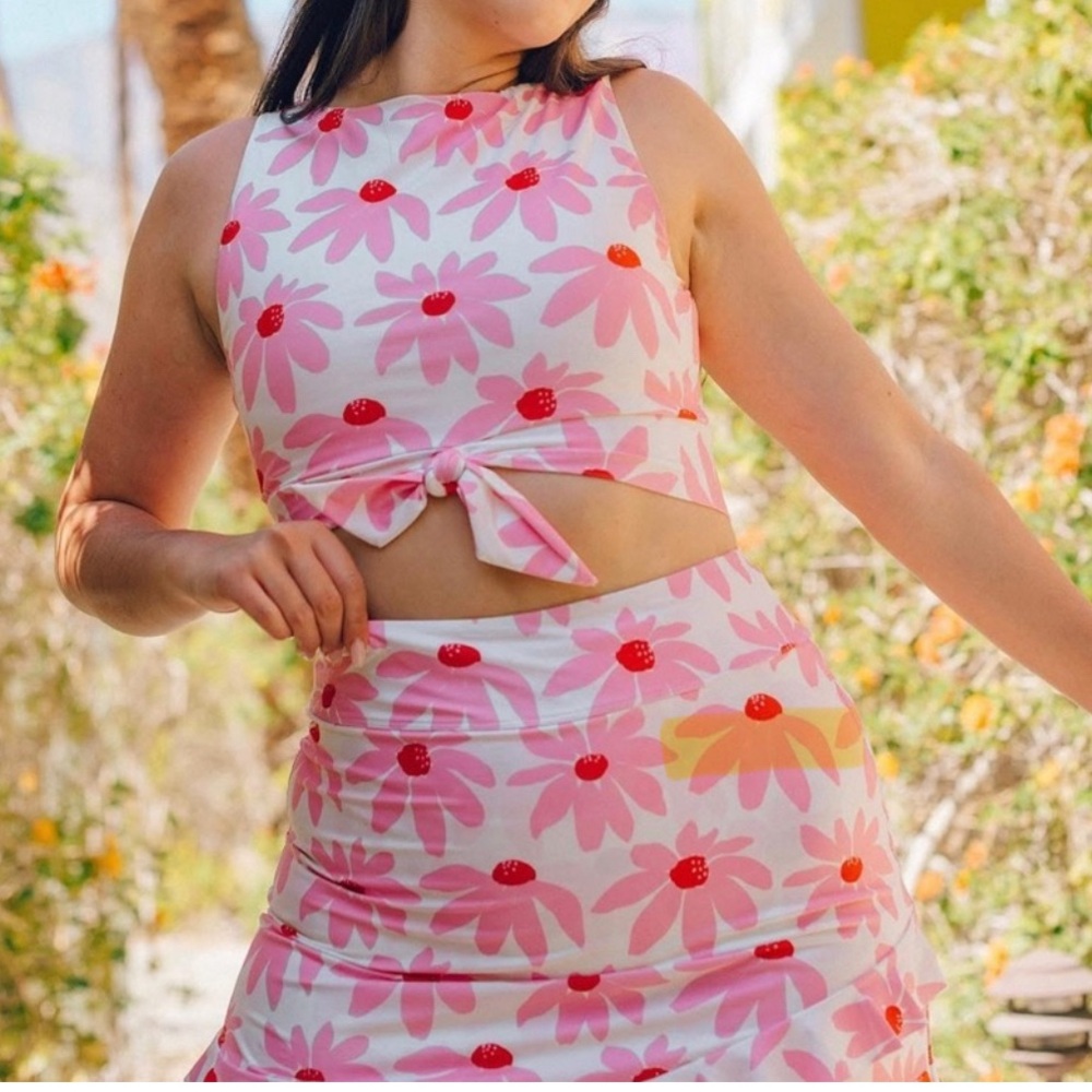 Lime Ricki Pink Daisy Knotted Swim Crop